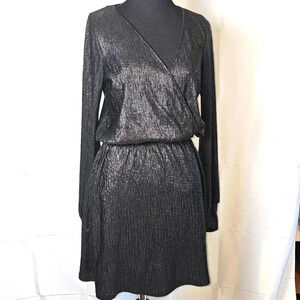 Zara Metallic Black Shimmer Slinky Textured Mock‎ Wrap Dress Sz Small